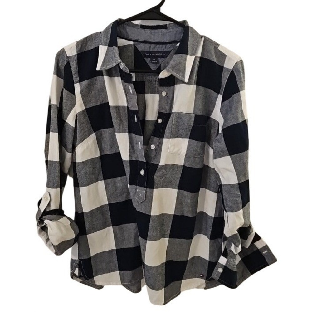 Tommy Hilfiger Womens Navy Blue White Buffalo Plaid Flannel Shirt Size S Small